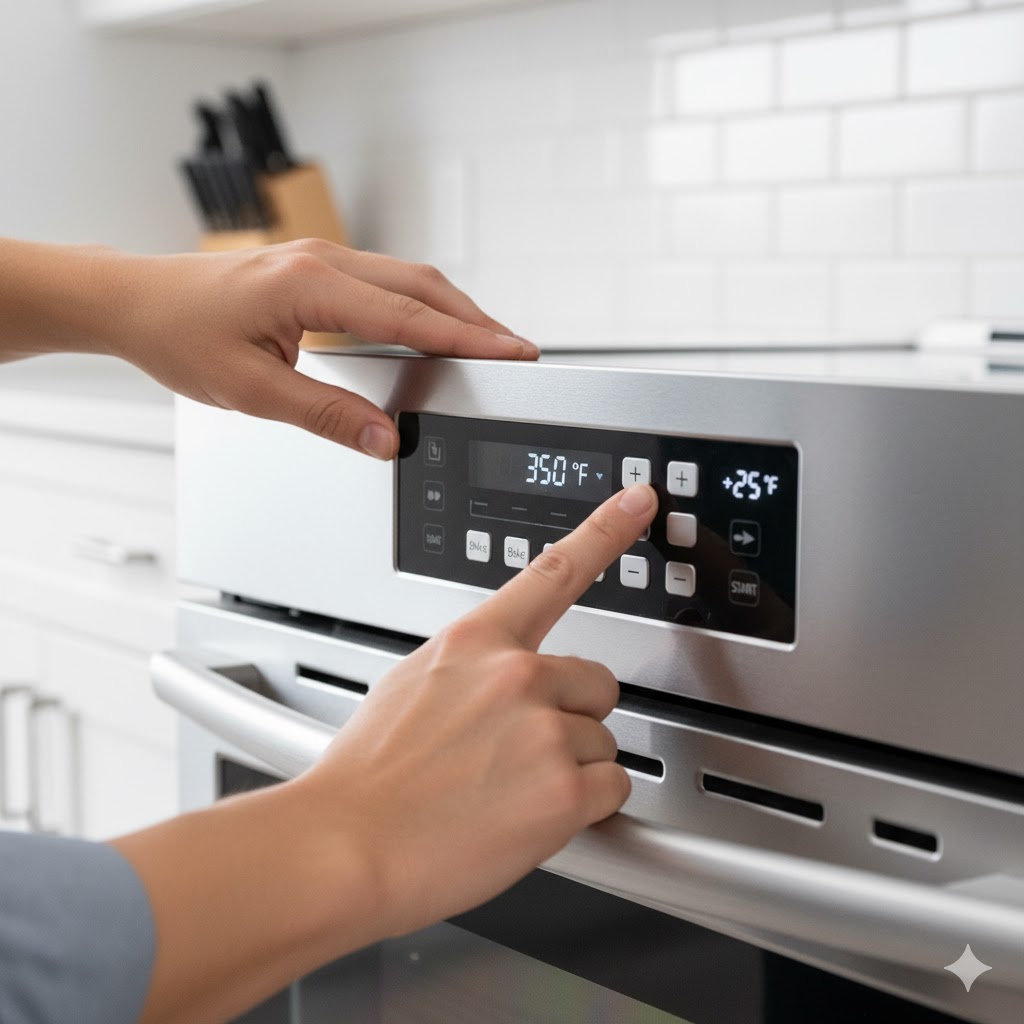 Hand adjusting the temperature offset on a digital oven control panel to recalibrate the thermostat and fix inaccurate heating.