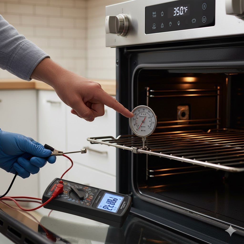 Oven thermometer placed on the center rack inside an oven to test for accurate temperature and calibration issues.